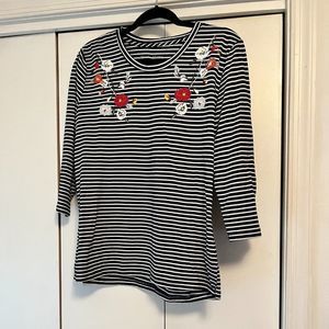 Rebecca Malone Striped Top w/Florals - Black & White - Large